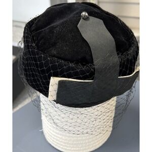 Womens Vintage Hat Pill Box 1950s Style Black Velvet Netting Fuzzy Veil Topper